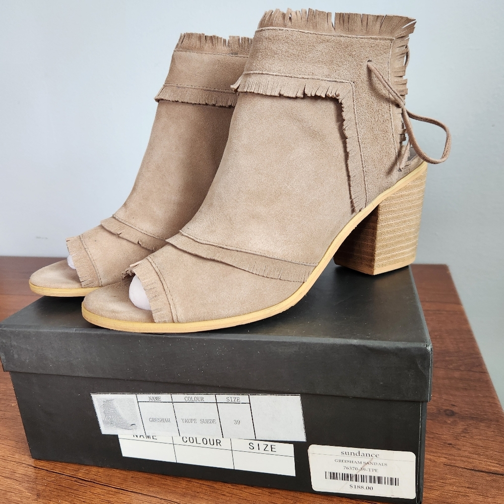 Open Tie Back Fringed Silent D Heeled Booties Gresham Taupe Suede US 8/ 8.5